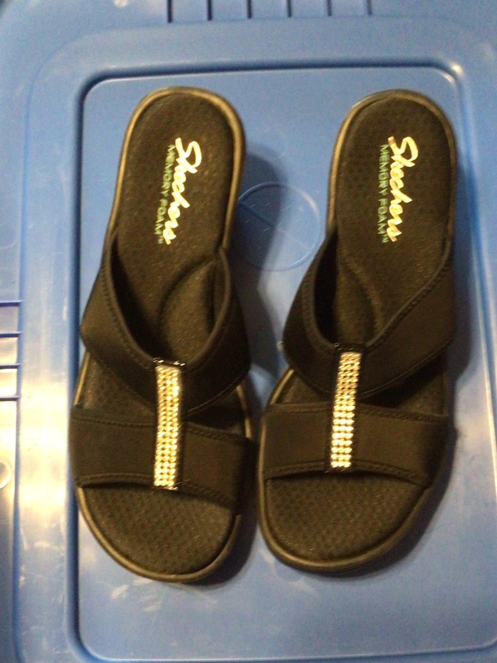 Skechers Black Slip-On Sandals with Rhinestone T-Strap